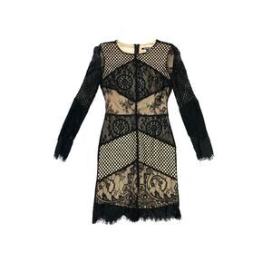 Gianni Bini Black Lace Nude Long Sleeve Mini Dress SZ 2 Bodycon Glam Sexy Party